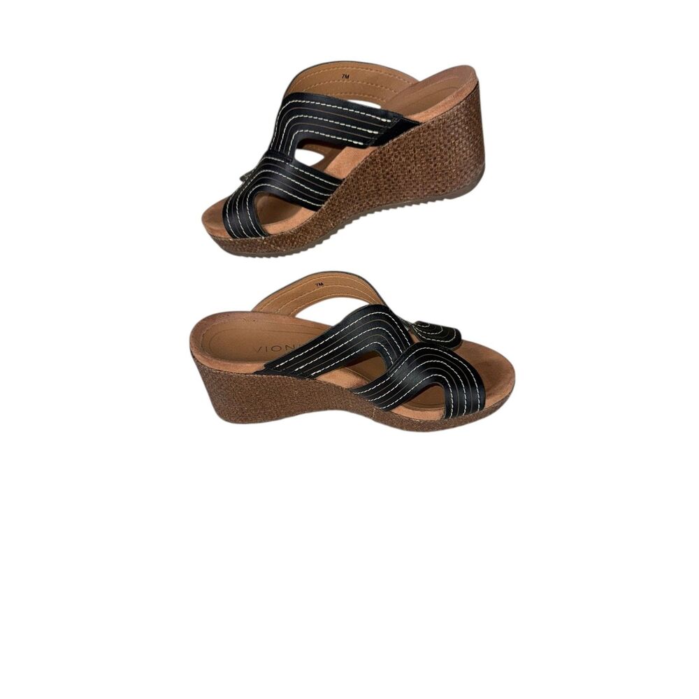 VIONIC Malorie Raffia Leather Open Toe Wedges Sandals Black Comfort Womens 7M - Picture 2 of 6